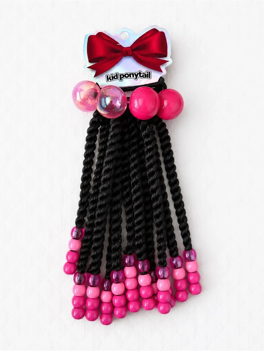 Kid Ponytail Black Braided Beaded Hair Accessory with Red, Green & Gold Accents